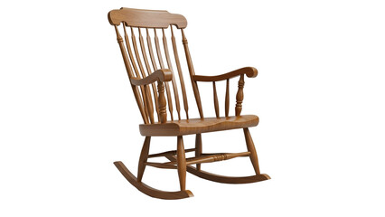 A classic wooden rocking chair with spindles, curved arms, and runners, on a black background