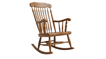 A classic wooden rocking chair with spindles, curved arms, and runners, on a black background