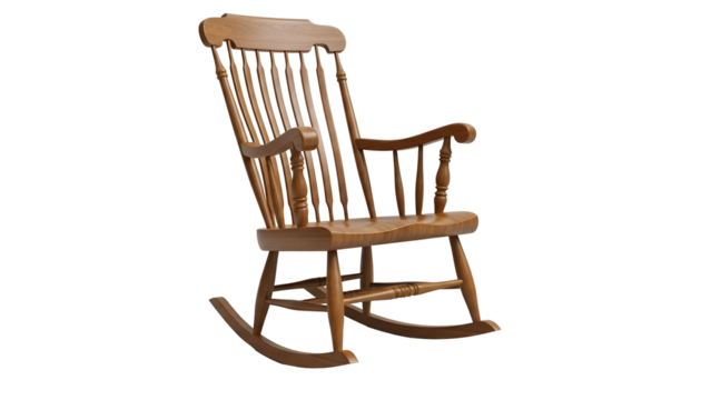 A classic wooden rocking chair with spindles, curved arms, and runners, on a black background