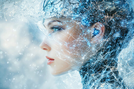 A futuristic portrait of a woman merged with glowing neural network patterns and advanced technology, symbolizing artificial intelligence and human-machine integration.