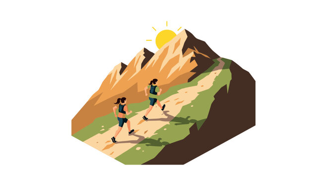 Isometric hiking adventure with sunlit mountain trail in autumn colors
