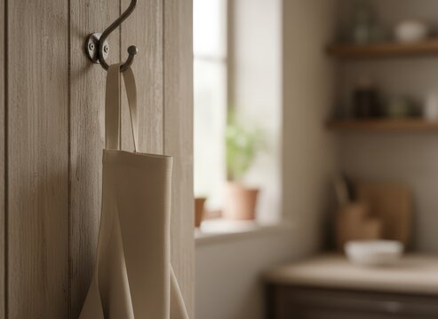 Plain apron hanging on a hook in a home kitchen