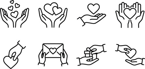 Hands and hearts icon set, love, care, giving, support, kindness, emotional connection, vector illustration, black and white
