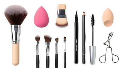 Makeup tools arranged on black backdrop, including brushes, sponges, mascara, and pencils