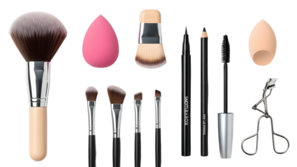 Makeup tools arranged on black backdrop, including brushes, sponges, mascara, and pencils