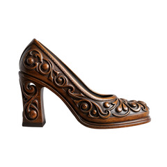 Ornate Wooden High Heel Shoe with Intricate Carved Details