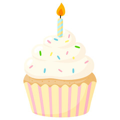 Birthday muffin with candle in flat style. Cupcake vector illustration on white background. Homemade baking. Happy Birthday greeting card design element.