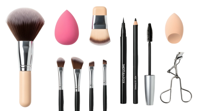 Makeup tools arranged on black backdrop, including brushes, sponges, mascara, and pencils