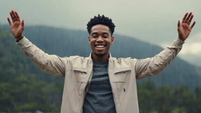 Happy young adult african american man enjoying the rain with arms outstretched in nature. A sequence showing freedom, joy and spiritual connection to the outdoors