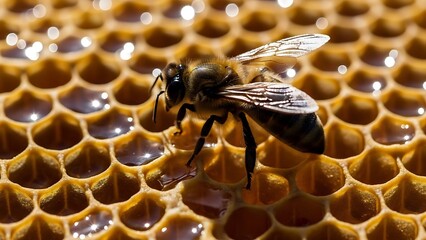 Honeybee resting on honeycomb filled with honey in a close up