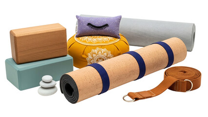 Yoga equipment assortment mats, blocks, a strap, cushion, bolster, and stacked stones