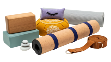 Yoga equipment assortment mats, blocks, a strap, cushion, bolster, and stacked stones