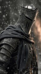 Fototapeta premium A dark fantasy knight, clad in ornate spiked armor and a tattered black cloak, stands amidst falling snow, exuding dark power.