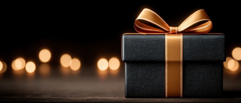 Close up of a black textured gift box with a wide golden ribbon and bow against a dark background with bokeh lights