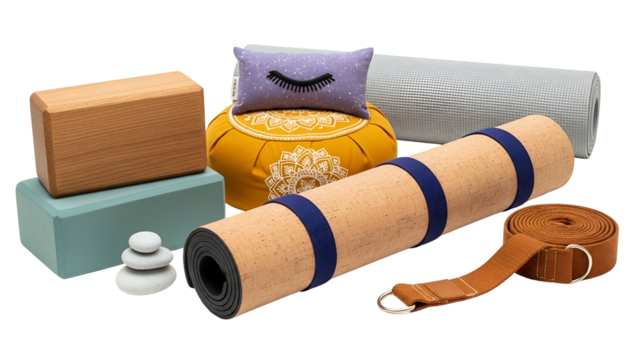 Yoga equipment assortment mats, blocks, a strap, cushion, bolster, and stacked stones