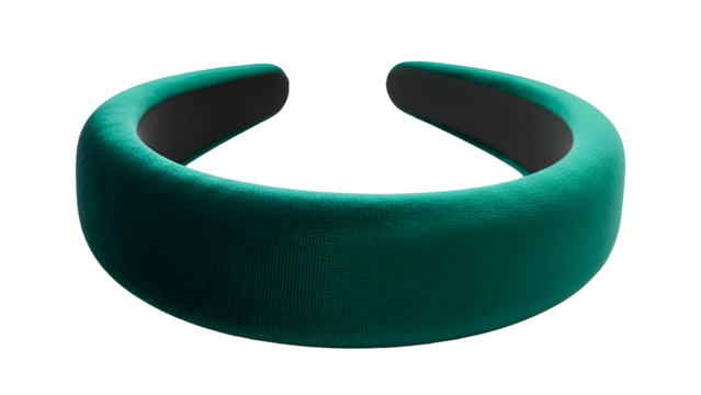 Padded, teal headband, velvet texture, isolated on a black background