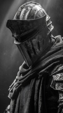 Mysterious dark knight wearing ancient, weathered armor and a tattered cloak, depicted in a dramatic, high-contrast monochrome image.