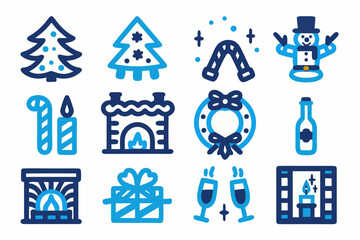 Festive blue winter holiday icons featuring trees snowmen and celebratory items