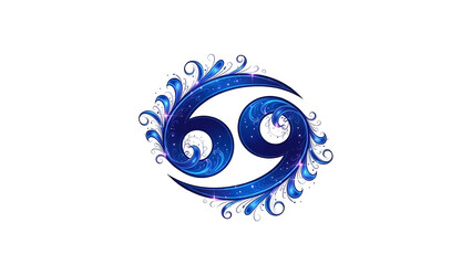 A glowing blue Cancer zodiac symbol with swirling patterns on a black background