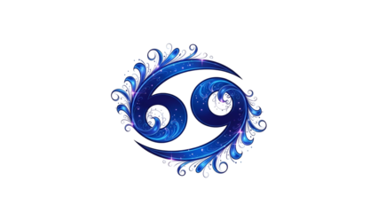 A glowing blue Cancer zodiac symbol with swirling patterns on a black background