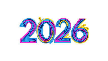 Neon-style year "2026" with colorful outlines against a black background