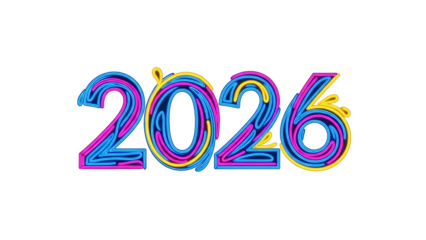 Neon-style year "2026" with colorful outlines against a black background