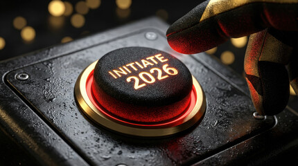 Close-up of a gloved finger about to press a glowing button labeled Initiate 2026. Cinematic digital illustration representing the start of the New Year or a mission launch.