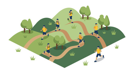 Fototapeta premium Isometric trail running with people in nature landscape