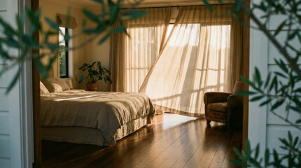 Tranquil bedroom featuring soft sunlight and plants, perfect for modern home decor or relaxation themes.