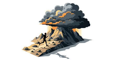 Dramatic landscape with runner and volcanic cloud in digital art style