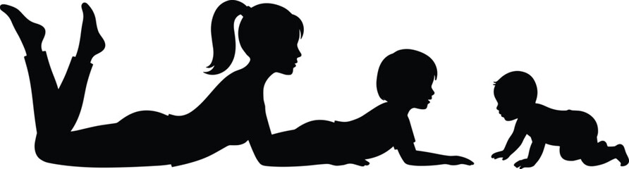 Family silhouette with baby, child, adult lying down, bonding moment, parenting, development, vector illustration, love, care