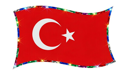 Vibrant Turkish flag with crescent, star, and jeweled border, waving against black