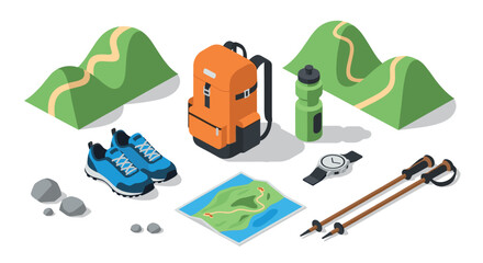 Isometric camping gear and hiking essentials outdoor adventure layout