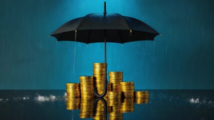 Umbrella protecting stacks of gold coins from a downpour on a reflective surface. Financial security, wealth management and saving for a rainy day conceptual banner