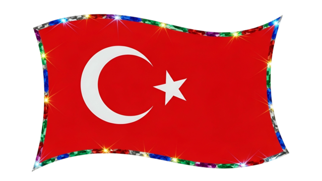 Vibrant Turkish flag with crescent, star, and jeweled border, waving against black