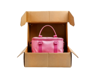 Pink Insulated Lunch Bag in Open Cardboard Box