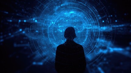 A silhouette observes a vibrant blue digital sphere, surrounded by abstract data networks and interconnected points, representing a futuristic technological interface or AI exploration.