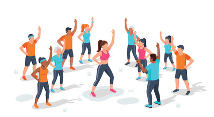 Group exercise class outdoors with diverse people in isometric style