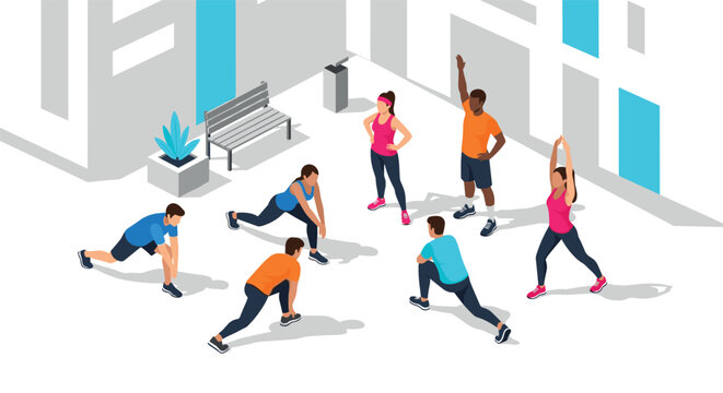 Group outdoor fitness session in isometric style with stretching exercises
