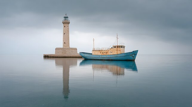Serene maritime scene featuring a lighthouse and boat in calm waters with scenic harbor landscape, reflecting sky and tranquil ocean atmosphere - Powered by Adobe
