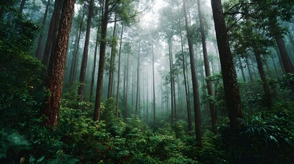 Obraz premium Stunning forest scene showcasing tall trees, lush greenery, natural landscape, serene environment, sunlight filtering through foliage, peaceful wilderness, and vibrant ecosystem