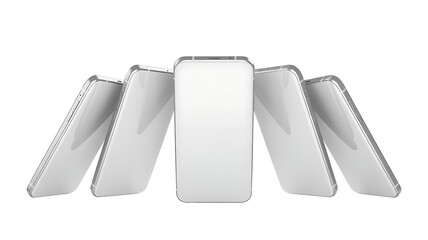 Five silver smartphone mockups isolated on white background for app presentation