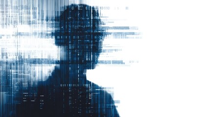 A digital silhouette of a human head and shoulders, composed of binary code and data streams, symbolizing AI, technology, and digital identity.