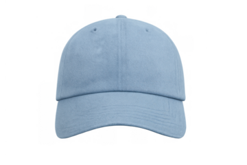 Light blue baseball cap with blank front for branding. Apparel accessory isolated on transparent background, ready for design