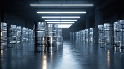 Rows of gleaming metal barrels stored in a vast, dimly lit industrial warehouse, illuminated by bright fluorescent ceiling lights.