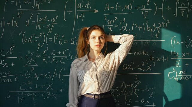 Smart caucasian female student thinking about a complex mathematical problem on a chalkboard. A young woman solving a difficult science equation during a university lesson