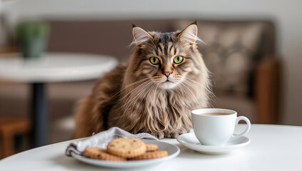 A fluffy cat enjoys coffee and cookies on a bright, sunny morning