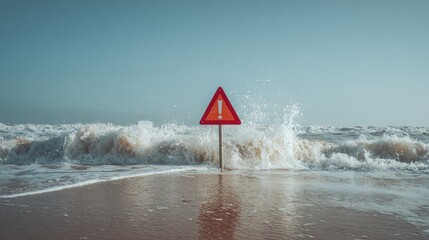 An orange triangular warning sign with an exclamation mark stands on a sandy beach, amidst powerful crashing ocean waves, symbolizing urgent danger.