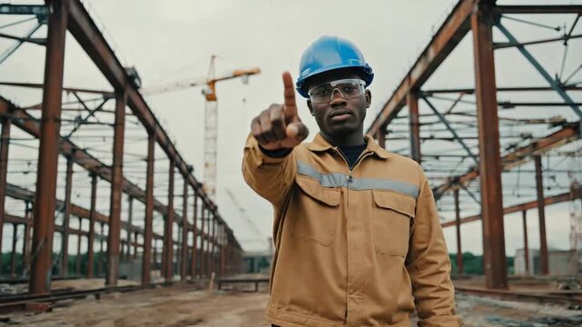 Black male construction worker gesturing no with his finger on an industrial building site. Serious foreman in safety gear giving a stop command or warning about danger