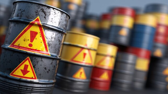 Weathered industrial barrels stacked with prominent yellow and red hazard warning signs (exclamation mark, downward arrow), indicating dangerous contents or storage concerns.